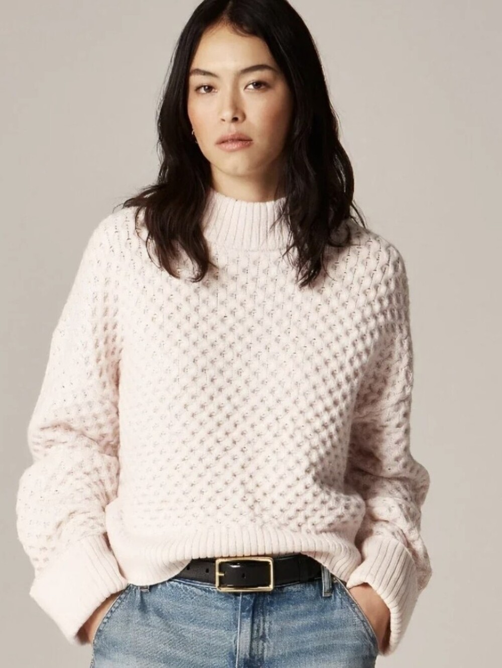 J. Crew Honeycomb Mockneck Sweater Wool Blend Boxy Pale Pink Women's Sz M
